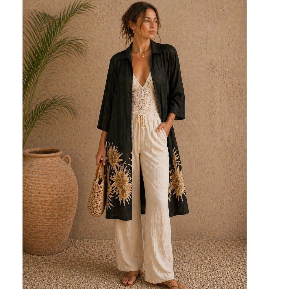 VTG Freestyle Womens Top L Black Sheer Tropical Print Duster Open Resortwear